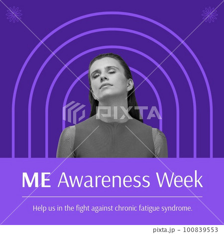 Composite of me awareness week text and caucasian young woman with eyes closed over arches Composite of me awareness week text and caucasian young woman with eyes closed over arches 100839553
