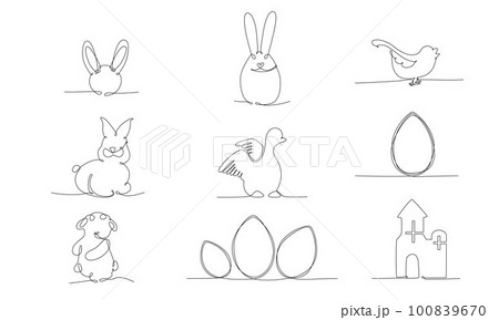 Easter continues one line pack. Vector stock illustration set isolated on white background for design template egg hunt, invitation, greeting card, menu. Editable stroke single line. EPS10 100839670