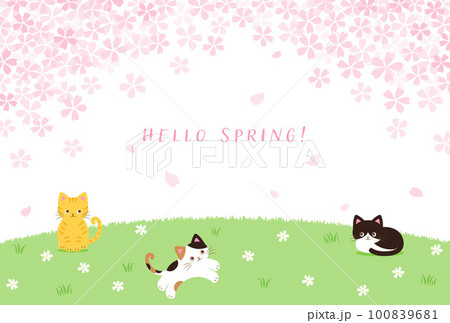 桜の花びらが舞う野原と猫たちの背景イラスト 100839681