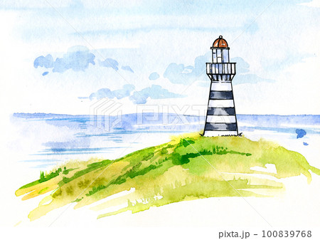 Watercolor illustration of lighthouse and sea, beach with grass and sky with clouds. Hand draw scetch. Seascape without peaple. Watercolor illustration of lighthouse and sea, beach with grass and sky with clouds. Hand draw scetch. Seascape without peaple. 100839768