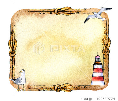 Textured watercolour border with cable, lighthouse, seabird and knot on old paper. Watercolor illustration. Hand draw sketch. Marine theme 100839774