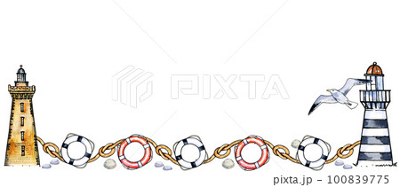 Watercolour border with lighthouse, seabird, lifesaver and knot on white background. Watercolor illustration. Hand draw sketch. Marine theme 100839775