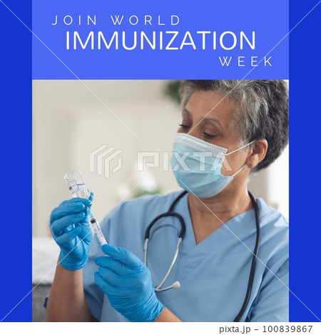 Composite of join world immunization week text over biracial senior female doctor injecting vaccine 100839867