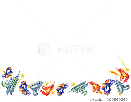 watercolour border with toy guns, fantastic weapons, space pistols, blasters, hand draw sketch, illustration for boys on white background 100840046