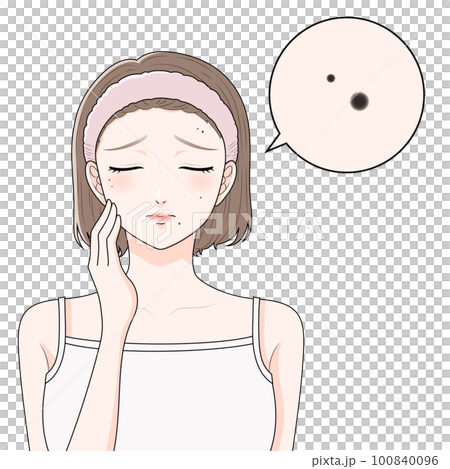 A woman with a hair band suffering from a mole Magnified close her eyes A woman with a hair band suffering from a mole Magnified close her eyes 100840096
