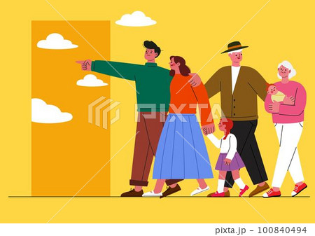 group of family walking together toward a door 100840494