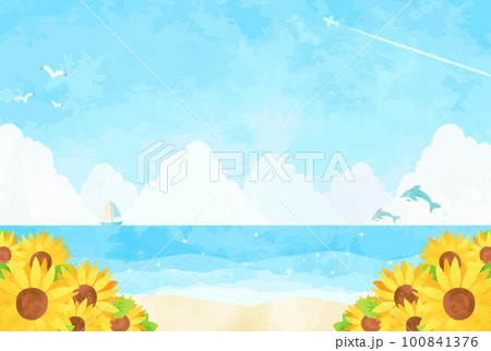 爽やかな夏の海とヒマワリの風景イラスト 爽やかな夏の海とヒマワリの風景イラスト 100841376