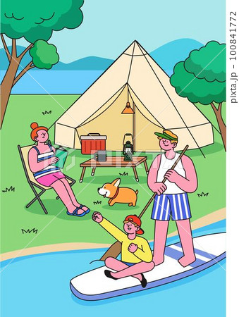family enjoying camping by the sea 100841772