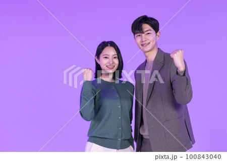business working concept, young Korean Asian woman and man doing hand motion 100843040