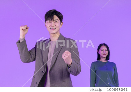 business working concept, young Korean Asian woman and man doing hand motion 100843041