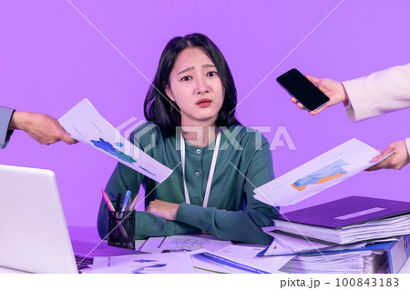 business working concept, young Korean Asian woman tired burned out with a lot of work business working concept, young Korean Asian woman tired burned out with a lot of work 100843183