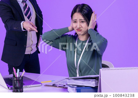relationship and conflict between younger and older workers concept, Korean Asian young woman and manager level older man relationship and conflict between younger and older workers concept, Korean Asian young woman and manager level older man 100843238