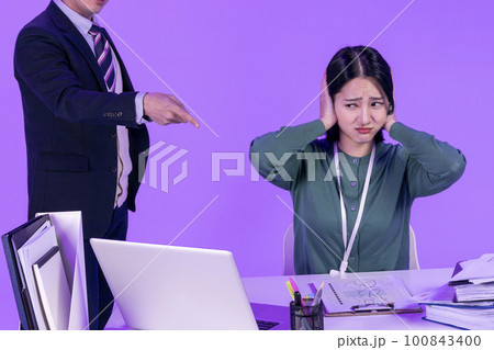 relationship and conflict between younger and older workers concept, Korean Asian young woman and manager level older man relationship and conflict between younger and older workers concept, Korean Asian young woman and manager level older man 100843400