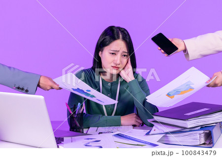 business working concept, young Korean Asian woman tired burned out with a lot of work business working concept, young Korean Asian woman tired burned out with a lot of work 100843479
