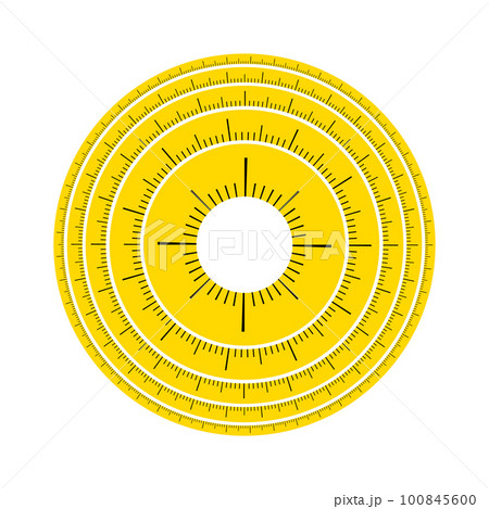 A circle of a yellow measuring centimeter tape in the form of a clock with a dial inside on a white square background. Illustration on the theme of weight loss and weight loss 100845600