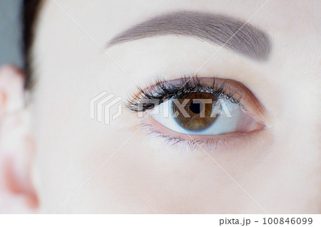 Close-up of brown eye with long beautiful eyelashes, ideal perfect skin, trendy eyebrow of unrecognizable young woman. Close-up of brown eye with long beautiful eyelashes, ideal perfect skin, trendy eyebrow of unrecognizable young woman. 100846099