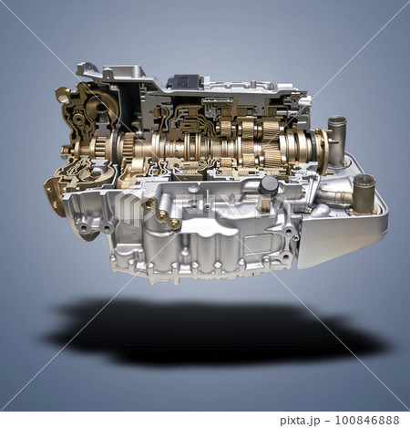 Floating Modern car engine and gear box on blue gradient Floating Modern car engine and gear box on blue gradient 100846888