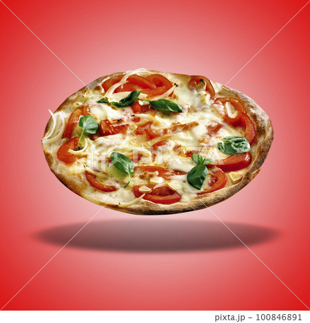 Floating Pizza Casarecce on red radial gradient Floating Pizza Casarecce on red radial gradient 100846891