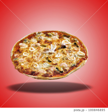 Floating Pizza seafood on red radial gradient Floating Pizza seafood on red radial gradient 100846895