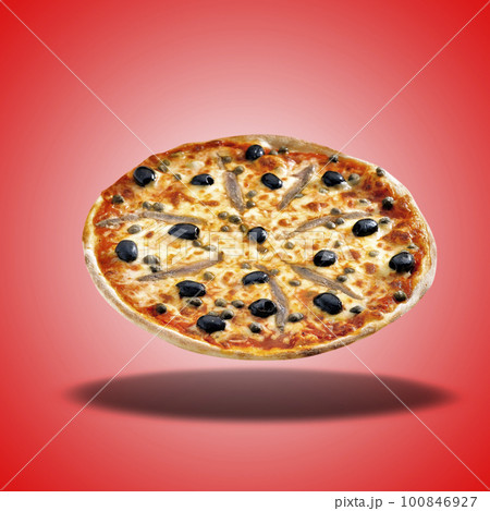 Floating Pizza Siciliana On Red Radial Gradient Stock Photo