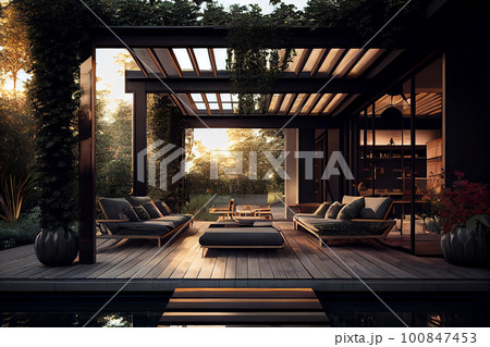 Trendy outdoor patio pergola shade structure, awning and patio roof, garden lounge, chairs, metal grill surrounded by landscaping 100847453