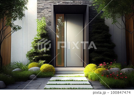 Wooden entrance door to modern white house with paving footpath and backside garden 100847474