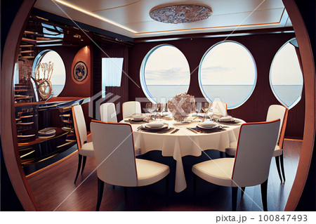 Interior design furnishing decor of the salon area in a large luxury motor yacht 100847493