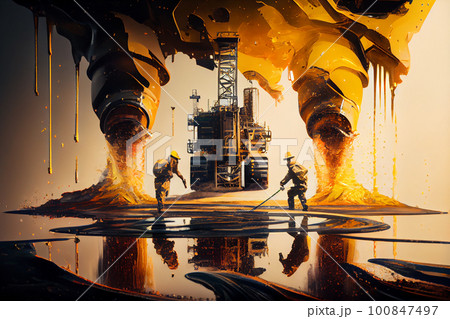 Elimination of an emergency situation at an oil producing station. Workers in protective uniforms work on an offshore oil rig Elimination of an emergency situation at an oil producing station. Workers in protective uniforms work on an offshore oil rig 100847497