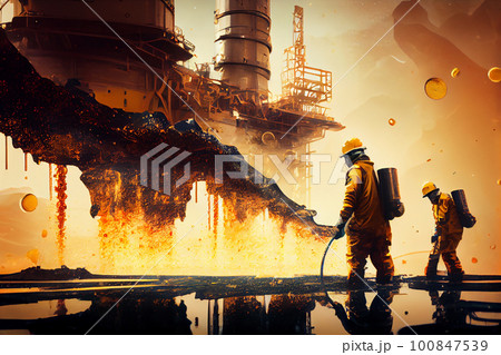 Elimination of an emergency situation at an oil producing station. Workers in protective uniforms work on an offshore oil rig 100847539
