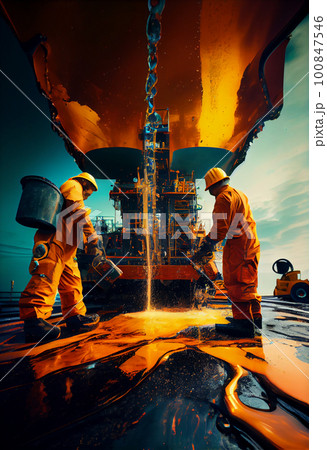 Elimination of an emergency situation at an oil producing station. Workers in protective uniforms work on an offshore oil rig Elimination of an emergency situation at an oil producing station. Workers in protective uniforms work on an offshore oil rig 100847546