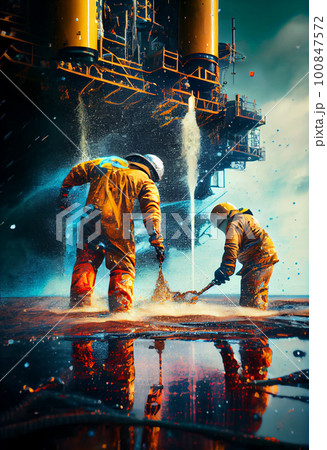 Elimination of an emergency situation at an oil producing station. Workers in protective uniforms work on an offshore oil rig 100847572