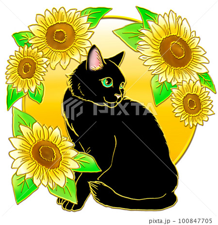 大きなひまわりと黒猫_背景金色のイラスト素材 [100847705] - PIXTA