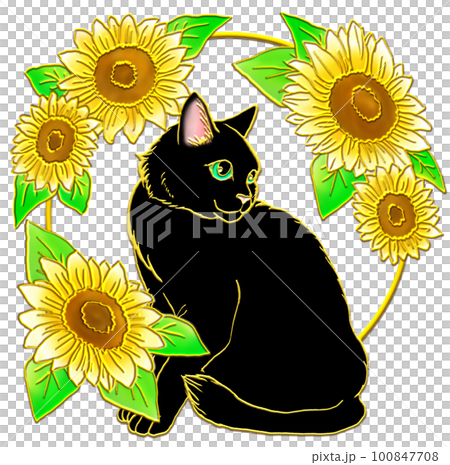 ひまわりとネコ様 大きなひまわりと座る黒猫のイラスト素材 [100847708] - PIXTA
