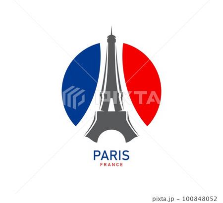 Paris Eiffel tower on France flag icon, French travel landmark, vector symbol. Paris Eiffel tower emblem for French fashion store, restaurant or premium brand clothing store label and Parisian culture 100848052