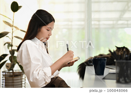 Millennial woman entrepreneur sitting in modern home office and writing records to daily planner  100848066