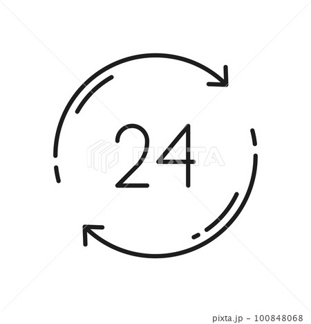 24 hours delivery and customer support service work time, 24 in 7 hrs. Vector order execution in 24 hour, round watch with arrow. All day working and shipping 100848068