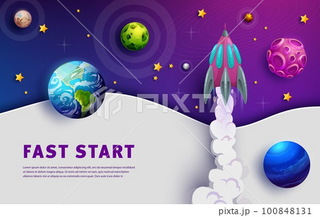 Space landing page, start up concept, galaxy planets and spaceship launch, vector business website template. Galaxy planets and rocket shuttle start up background for business web site or landing page Space landing page, start up concept, galaxy planets and spaceship launch, vector business website template. Galaxy planets and rocket shuttle start up background for business web site or landing page 100848131