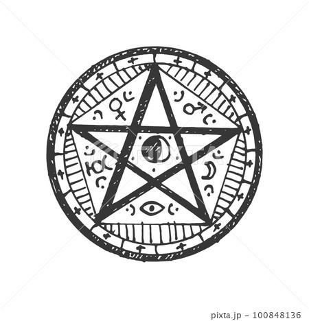 Esoteric and astrology mystic sign with moon, witchcraft sacred sign. Vector ritual circle with pentagram star, tribal occultism, rune and chakra symbol 100848136