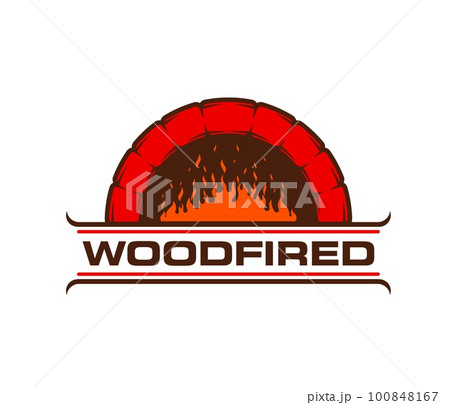 Fireplace, stone oven icon. Bakery shop fireplace with burning wood logs, barbeque bar hearth or Italian cuisine restaurant stone stove vector emblem. Pizzeria firewood oven chimney symbol or sign Fireplace, stone oven icon. Bakery shop fireplace with burning wood logs, barbeque bar hearth or Italian cuisine restaurant stone stove vector emblem. Pizzeria firewood oven chimney symbol or sign 100848167