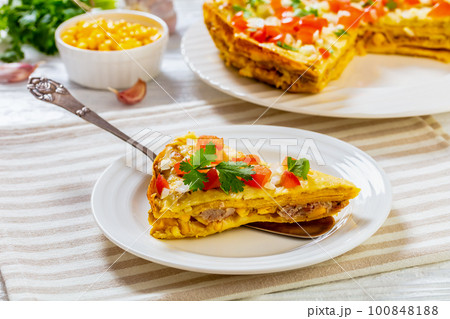 Hot Green Chile Enchilada Casserole, top view 100848188