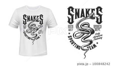 Viper snake tattoo, mascot t-shirt print for sport team and club. Vector angry viper snake, aggressive venom serpent or poison reptile attacking with open mouth and long teeth monochrome template 100848242