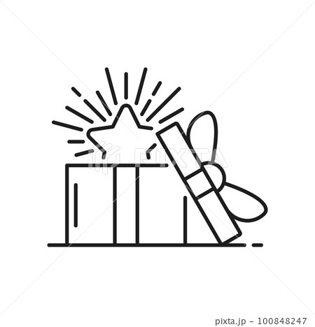 Gift box with bonus star isolated outline icon. Vector loyalty affiliate program, consumer reward, client discount concept, online shopping sale bonus 100848247
