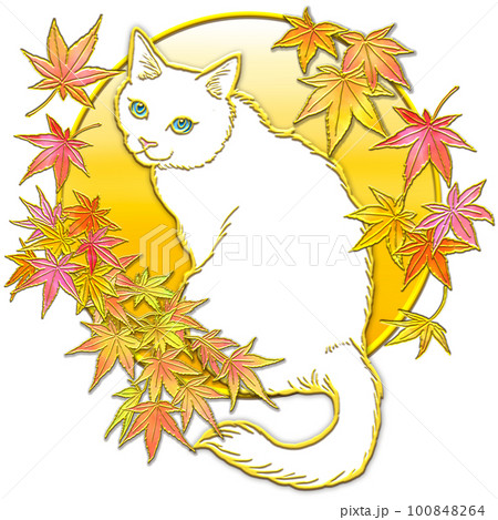 紅葉を見上げる猫_白猫_背景金色 紅葉を見上げる猫_白猫_背景金色 100848264