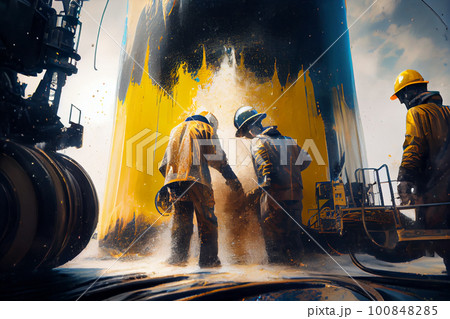 Fantasy on the elimination of oil emissions at a mining enterprise. Workers in uniform close the escaped oil, block the well. Environment protection. Fantasy on the elimination of oil emissions at a mining enterprise. Workers in uniform close the escaped oil, block the well. Environment protection. 100848285