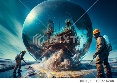 Fantasy on the elimination of oil emissions at a mining enterprise. Workers in uniform close the escaped oil, block the well. Environment protection. Fantasy on the elimination of oil emissions at a mining enterprise. Workers in uniform close the escaped oil, block the well. Environment protection. 100848286