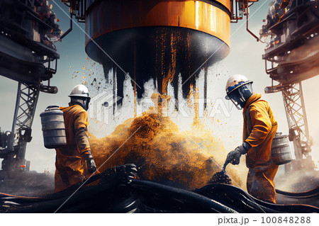 Fantasy on the elimination of oil emissions at a mining enterprise. Workers in uniform close the escaped oil, block the well. Environment protection. 100848288