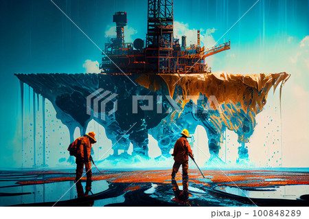 Fantasy on the elimination of oil emissions at a mining enterprise. Workers in uniform close the escaped oil, block the well. Environment protection. 100848289