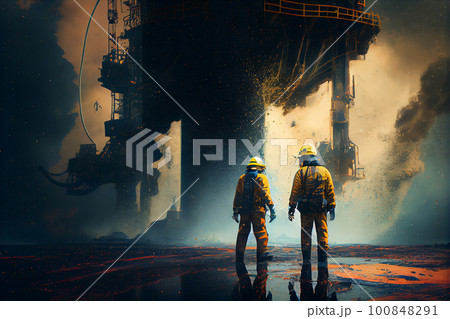 Hard work on an offshore oil rig. Men in protective uniforms in the oil and gas industry. 100848291