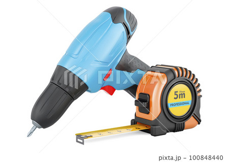 Electric drill with tape measure, 3D rendering 100848440