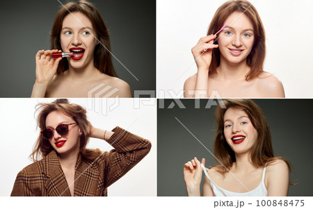 Collage. Set of portraits of young attractive girl with well-kept skin posing against studio backgrounds. Makeup and skincare products 100848475